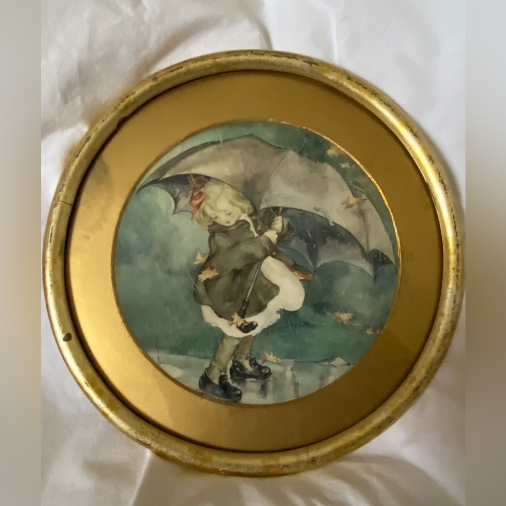 Round Watercolor vintage Girl with Umbrella 12.5” wooden Frame